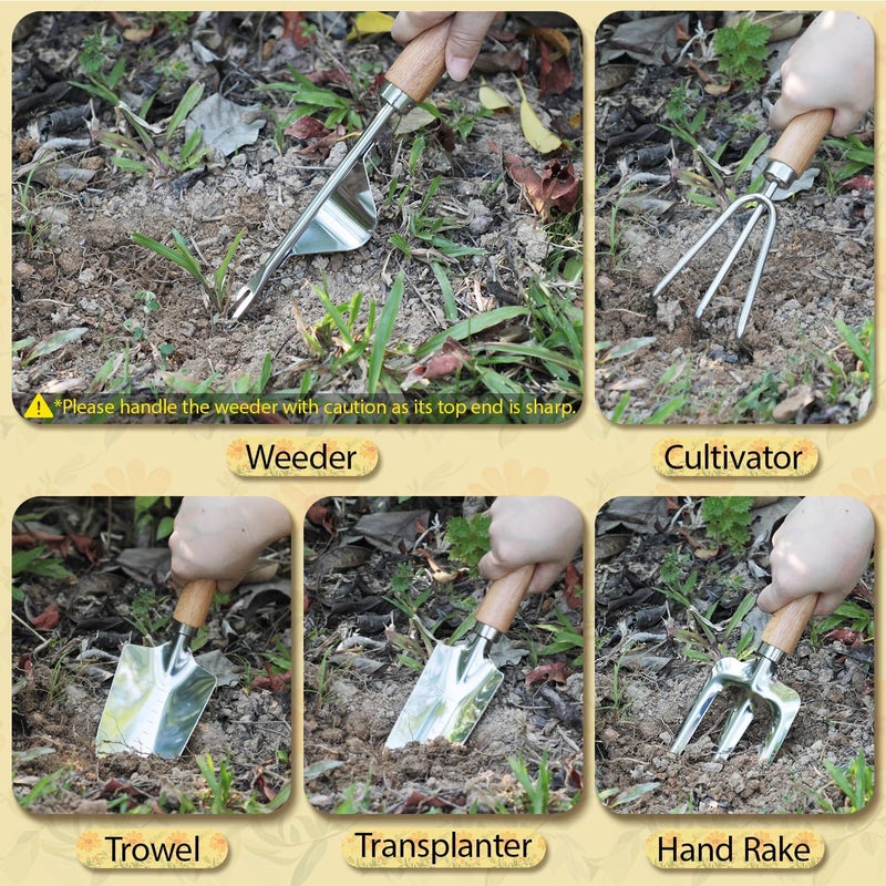 LeMotech Gardening Tools, 10-Piece Heavy Duty Garden Hand Tools Set with Wooden Handle, Durable Fashion Organizer Bag for Garden Supplies, Gardening Gifts for Women Grandmother, Yellow Floral Pattern - Image 5